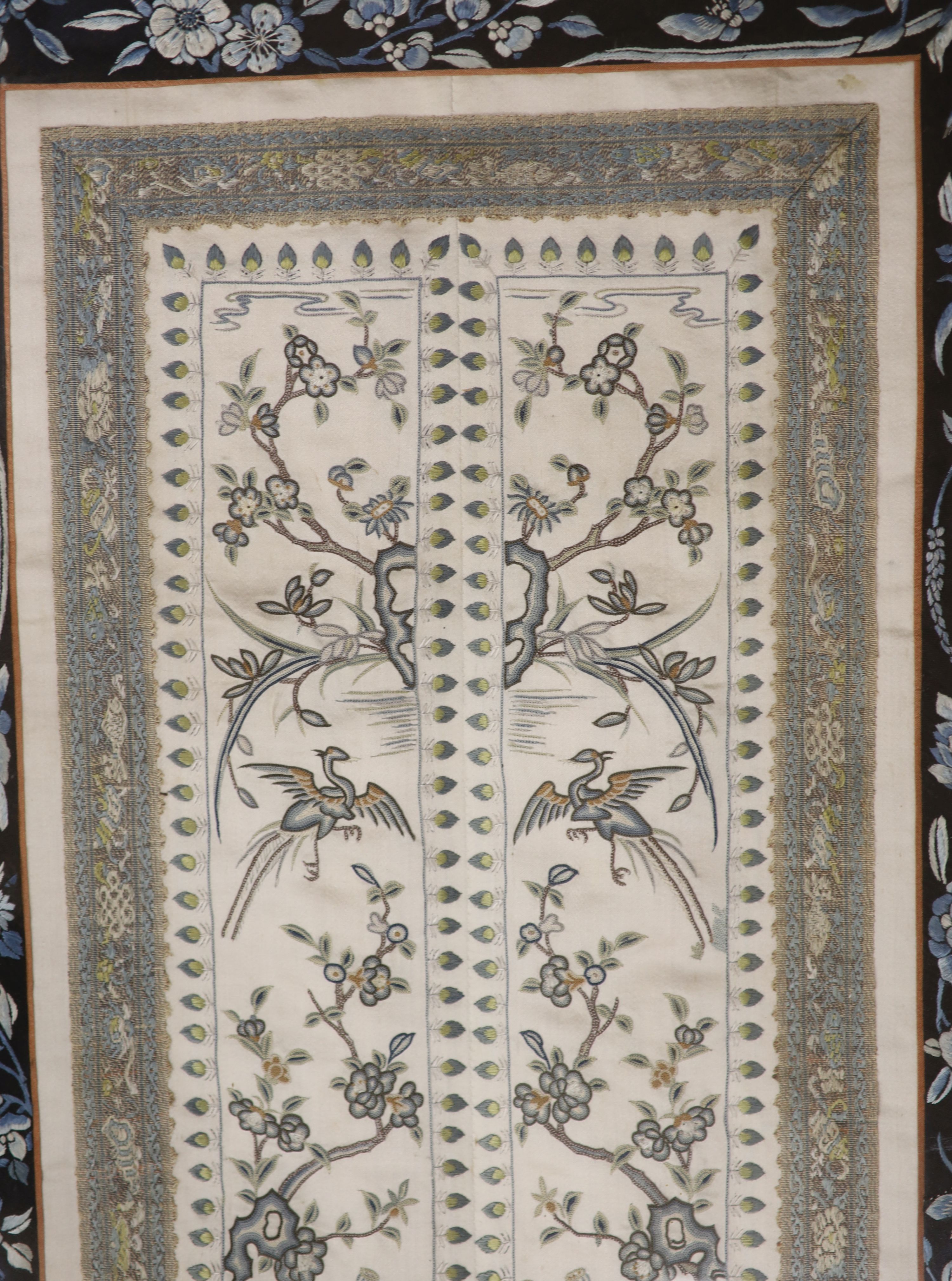 Two framed Chinese late Qing embroidered silk panels 71 x 39cm & 62 x 32cm
